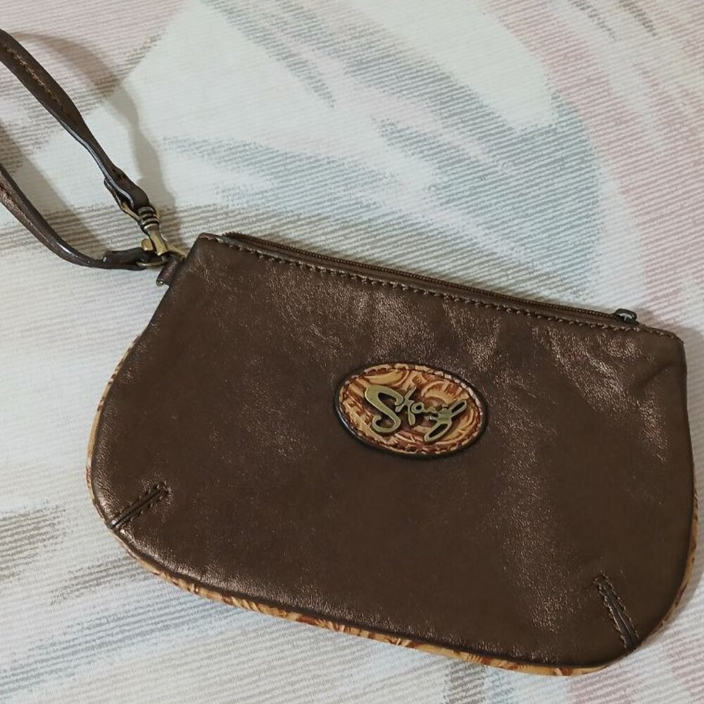 Sharif Brown Leather Wristlet Clutch with Logo Accent
